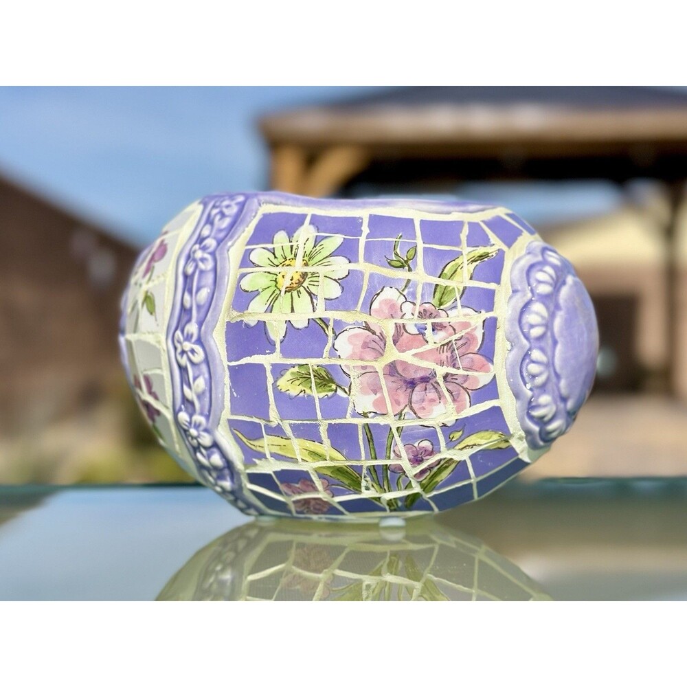 Mosaic Easter Egg Shaped Planter Ceramic Pot Vase Flowers Spring Purple 6.5" VTG